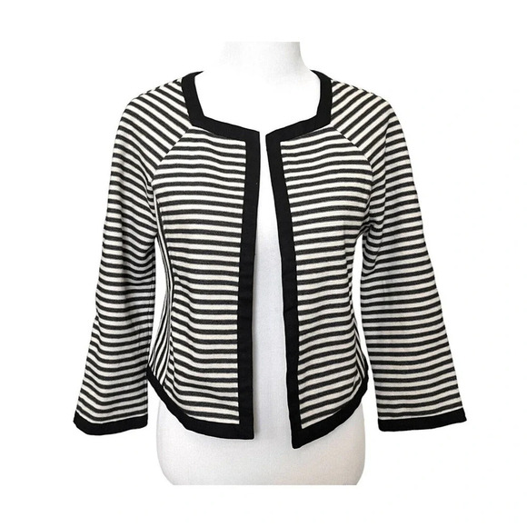 Banana Republic Women's Jacket Black Ivory Striped Stretch Open Front Blazer 12 - Picture 1 of 6